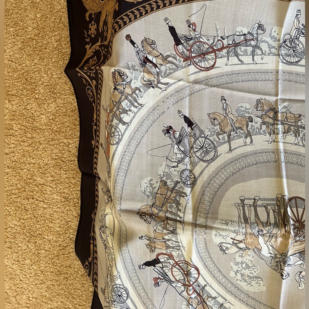 NWT Equestrian Horse Carriage Silk Wool Scarf 100x100cm Hermes Style - Picture 8 of 10